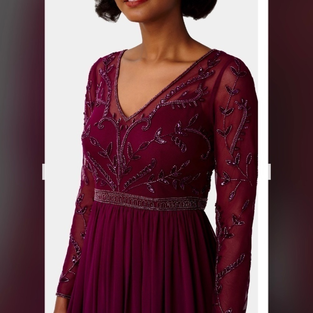 ADRIANNA PAPELL Illusion V-neck Long Sleeve Beaded Chiffon Gown in Bordeaux Sz 4 - Picture 2 of 6